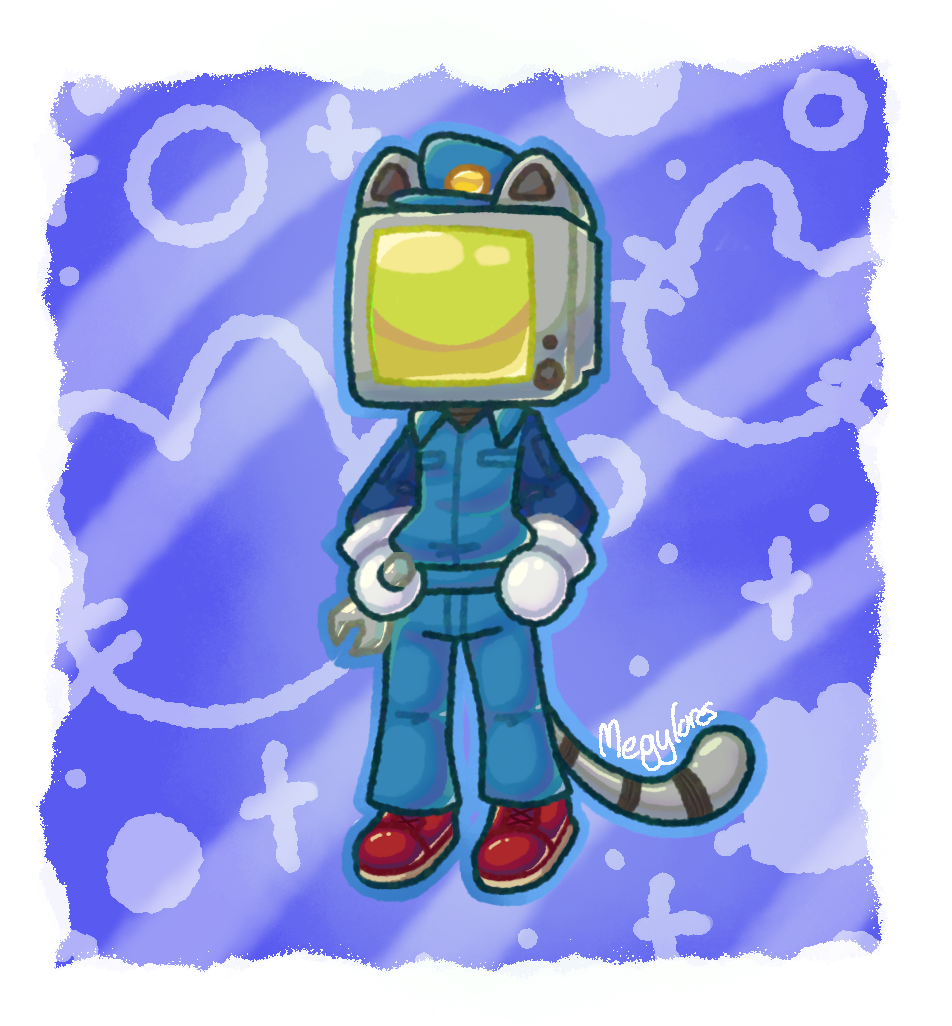 Buddy standing holding a spanner, on a blue background patterned with circles, crosses and cat shapes.